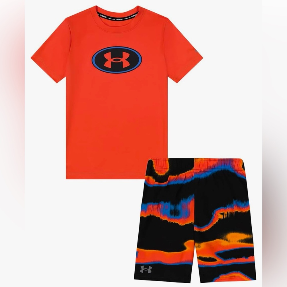 NEW Youth 14/16 Under Armour Neon Orange Rashguard & Swim Trunks‎ Set, Boys